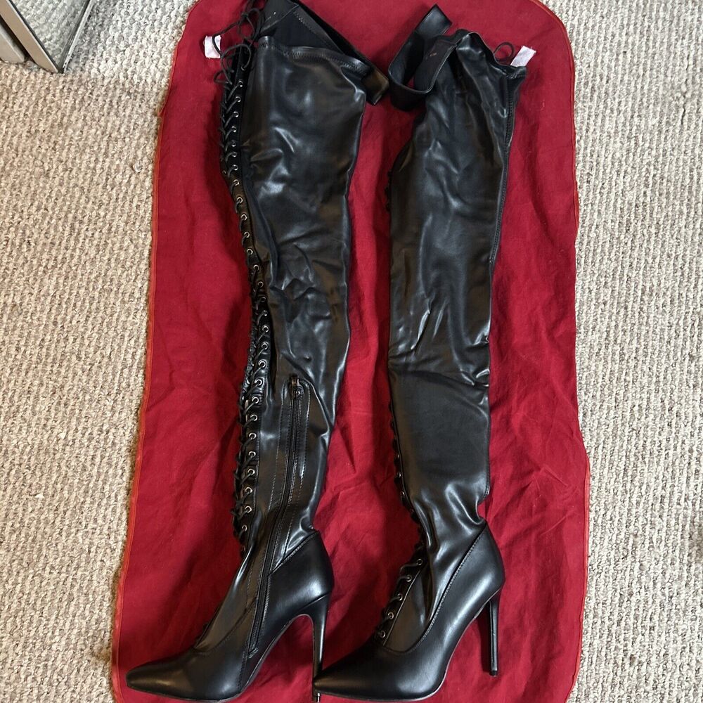 Azalea Wang MESA Size 8 Black PU women’s Boots Knee High New Stilleto Boots #GC